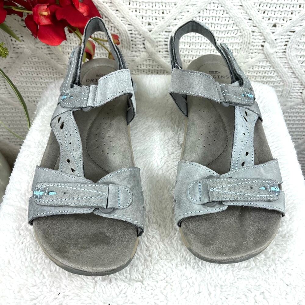 EARTH ORIGIN Gray/Blue Suede Leather Adjustable Sports Sophie Sandals 11 Comfort